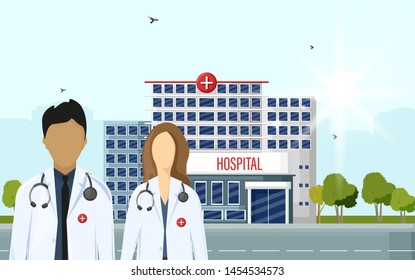 Doctors at the hospital Vector flat style. Medical center concept. Practitioner young doctors man and woman, hospital building. Medical staff