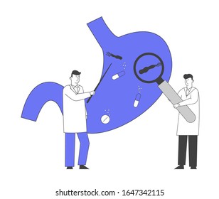 Doctors with Huge Magnifying Glass and Pointer Learning Sick Stomach with Helicobacter Disease, Gastroenterology, Health, Medicine and Healthcare Concept. Cartoon Flat Vector Illustration, Line Art