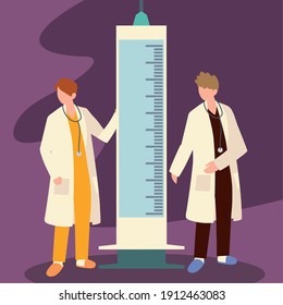 doctors with huge syringe for covid 19 prevention vaccine vector illustration