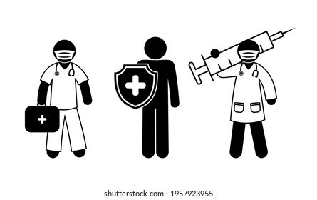 doctors icons set, vaccination health protection, ambulance, stick figure people pictogram
