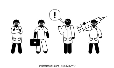 Doctors icons set, vaccination health protection, ambulance, stick figure people pictogram