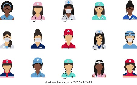 Ícones médicos em uniforme. Mulheres de estilo plano. Ilustração vetorial. Avatares médicos	