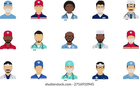 Ícones médicos em uniforme. Homens de estilo plano. Ilustração vetorial. Avatares médicos