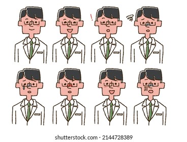 Doctor's icons with various facial expressions, comical handwritten figures, vectors, line drawings and colors
