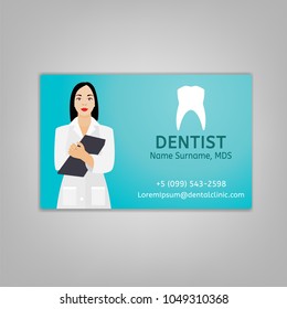 Doctors ID card with dentist image. Medical specialist badge template for medicine, emergency and healthcare industry. Vector illustration isolated on a light grey background.