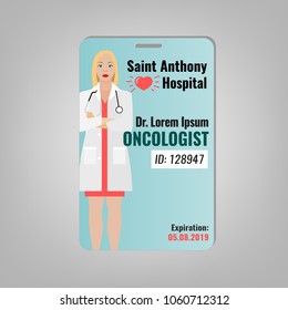 Doctors ID card with oncologist image. Medical specialist badge template for medicine, emergency and healthcare industry. Vector illustration isolated on a light grey background.