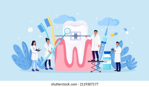 Doctors installing braces in orthodontic clinic. Dental doctor in uniform treating human teeth with braces. Prosthetics and dental care. Orthodontic treatment and cosmetic odontology. Vector design