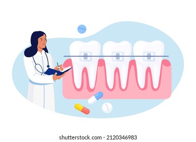 Doctors installing braces in orthodontic clinic. Dental doctor in uniform treating human teeth with braces. Prosthetics and dental care. Orthodontic treatment and cosmetic odontology. Vector design