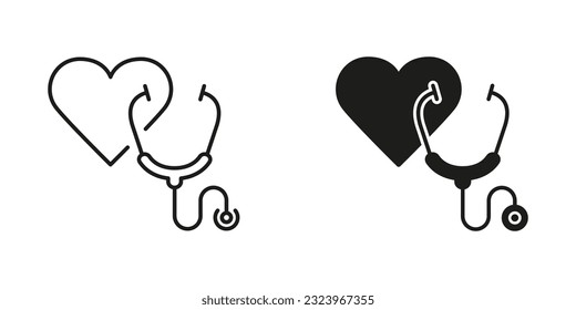 Doctor's Instrument for Pulse Examination, Medic Equipment Symbol Collection. Heart Illness Diagnosis Medical Tool. Stethoscope Line and Silhouette Black Icon Set. Isolated Vector Illustration.