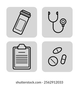 Doctors instruments and pills line icon set. Stethoscope, medical records, pills. Medicine and healthcare concept. Vector illustrations for web design and apps