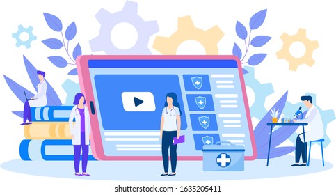 Doctors Interns Study Using Online Learning Video Vector Illustration Isolated Banner. Group Of Tiny People Medical Students With Giant Tablet And Laptop, Books, Microscope, First Aid Kit.