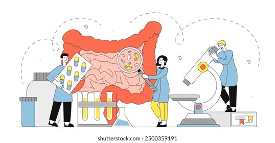 Doctors with intestine. Man and woman in medical uniform with microscope studying intestines. Medical research in laboratory. Diagnosis and treatment. Linear vector illustration