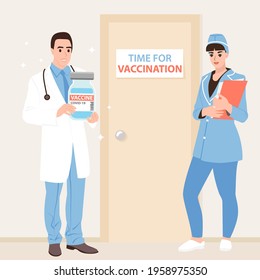 Doctors invite for vaccination against coronavirus. Paramedic is holding a bottle of COVID-19 injection in his hands. Flat vector illustration.