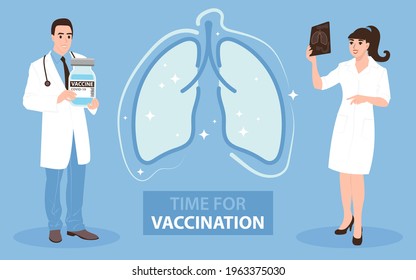 Doctors invite for vaccination against coronavirus. COVID-19 injection protects the lungs. Flat vector illustration.