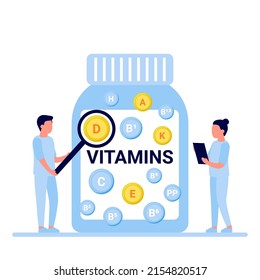 Doctors with jar of nutritional vitamins, health care useful dietary supplement. Drug development. Different types of food additives. Vector illustration