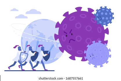 Doctors knights protect earth from angry covid-19 virus flat vector illustration concept, poster, banner. Stop coronavirus company, scientist fighting with modern epidemy pandemia.