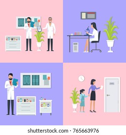 Doctors and laboratory assistant, specialist reading results of analysis and patients going on consultation, on vector illustration