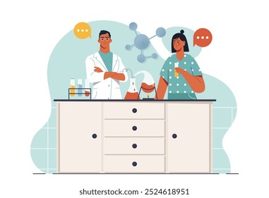 Médicos en laboratorio. Hombre y mujer con uniforme médico y tubos de ensayo con reactivos. Investigación y bioquímica, tecnología. Experimento de conducta científica en laboratorio. Ilustración vectorial plana