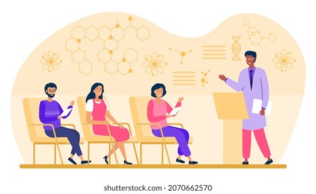 Doctors listening to lecture concept. Scientist speaks to audience and presents new research in field of healthcare or chemistry. Medical congress or conference. Cartoon flat vector illustration
