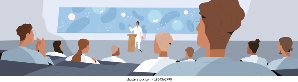 Doctors listening to lecture of scientist during medical conference. People at healthcare congress. Colored flat cartoon vector illustration of speaker presenting scientific research to students