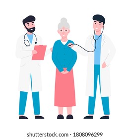 Doctors listening to patient's chest with stethoscope. Doctors and grandmother patient. Flat vector cartoon illustration.