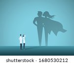 Doctors looking at superhero shadow on the wall. Hospital staff, nurses heroes fight coronavirus pandemic, epidemic. Strong, courage, brave life saving medical concept. Eps10 illustration.