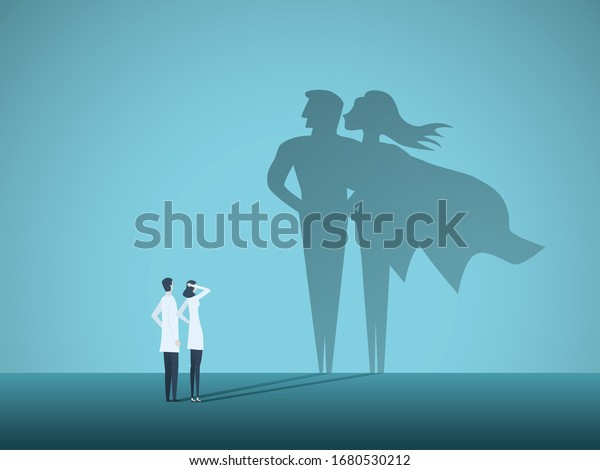 Doctors
looking at superhero shadow on the wall. Hospital staff, nurses
heroes fight coronavirus pandemic, epidemic. Strong, courage, brave
life saving medical concept. Eps10
illustration.