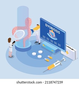 Médicos que buscan a través de una lupa en el intestino para tratar la disbiosis isométrica 3d ilustración concepto de vector banner, sitio web, página de aterrizaje, anuncios, plantilla de volante