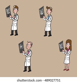 Doctors looking at x ray film cartoon drawing