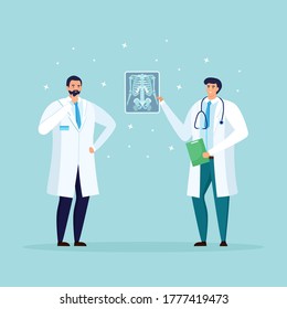 Doctors looking at xray picture. Medical examination, diagnosis in hospital laboratory. Checkup of bones by x-ray test. Medical discussion. Vector cartoon design