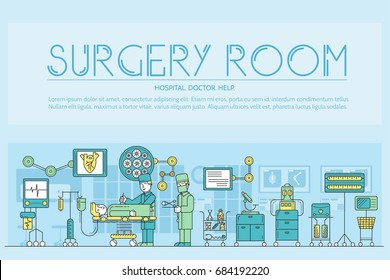 Doctors making surgery vector outline concept. Medics in surgery room providing and operation to the patient in a hospital thin line illustration. Banner with typography slogan text design. 