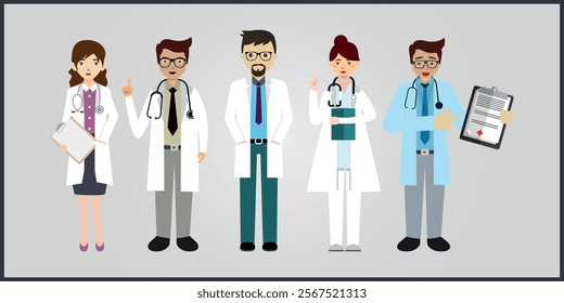 Doctors male and female characters set Friendly and caring medical workers in white coats Healthcare service vector flat illustration.