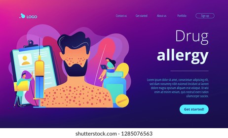 Doctors and male patient with rush on skin allergic to pills and a syringe. Drug allergy, triggers of drug allergies, allergy risk factors concept. Website vibrant violet landing web page template.