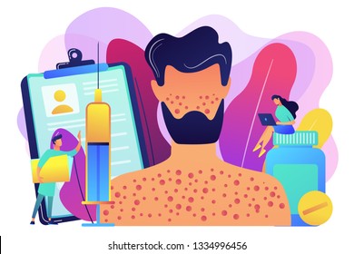 Doctors and male patient with rush on skin allergic to pills and a syringe. Drug allergy, triggers of drug allergies, allergy risk factors concept. Bright vibrant violet vector isolated illustration