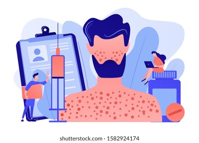 Doctors and male patient with rush on skin allergic to pills and a syringe. Drug allergy, triggers of drug allergies, allergy risk factors concept. Pinkish coral bluevector vector isolated