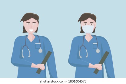 Doctor's a man, a health worker.  Friendly character with a medical mask and an open face. The concept of medical care and assistance to people. Vector flat illustration
