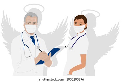 Doctors man and woman masked with wings