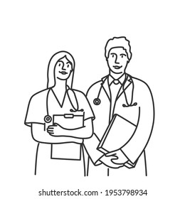 Doctors man and woman with stethoscop. Hand drawn vector illustration.