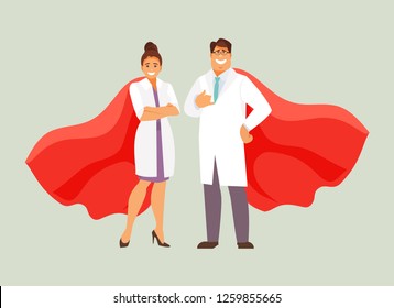 Doctors man and woman in superhero cloaks. Vector illustration