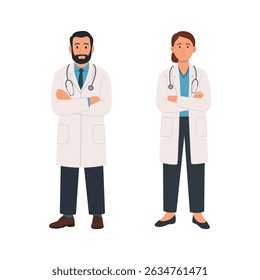 Doctors man and a woman in white medical coats stand with their arms crossed. They are exuding warmth and positivity