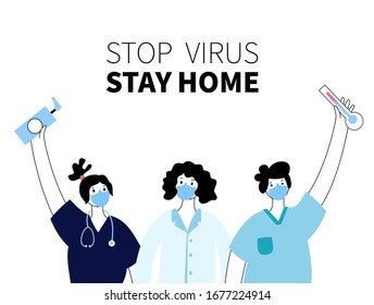 Doctors in mask standing in line. Protection from virus infection illness and coronavirus epidemy concept. Vector isolated flat illustration. Medical, educational or science banner