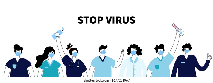 Doctors in mask standing in line. Protection from virus infection illness and coronavirus epidemy concept. Vector isolated flat illustration. Medical, educational or science banner
