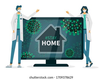 Doctors in masks ask to stay home because of coronovirus infection showing hashtag on tv or computer monitor with covid-19 flat vector illustration.