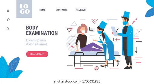 doctors in masks examining female patient with coronavirus symptoms covid-19 pandemic body examination medicine healthcare concept horizontal full length copy space vector illustration