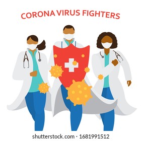 Médicos con máscaras y uniformes portando un gran escudo luchando contra el virus de la corona. Diferentes razas de trabajadores médicos corriendo. Ilustración vectorial.