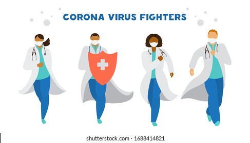 Médicos con máscaras y uniformes portando un gran escudo luchando contra el virus de la corona. Diferentes razas de trabajadores médicos corriendo. Ilustración vectorial.