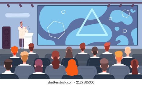 Doctors at medical audience. Speech of speaker medicine at scientific medical conference doctor congress, science seminar, professor lecture auditorium vector illustration. Medical seminar audience