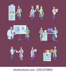 Doctors with medical documents or cards vector illustrations set. Collection of cartoon drawings of hospital staff with folders and boxes, colleagues talking. Medicine, healthcare, profession concept