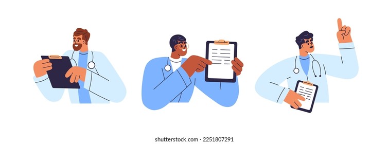 Doctors with medical documents, paper prescriptions on clipboard. Practitioners, physicians holding checkup reports, health statements. Flat graphic vector illustrations isolated on white background