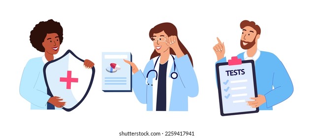 Doctors with medical documents,medical insurance sign,paper prescriptions,medical tests on clipboard.Practitioners, physicians,health statements.Flat vector illustrations isolated on white background